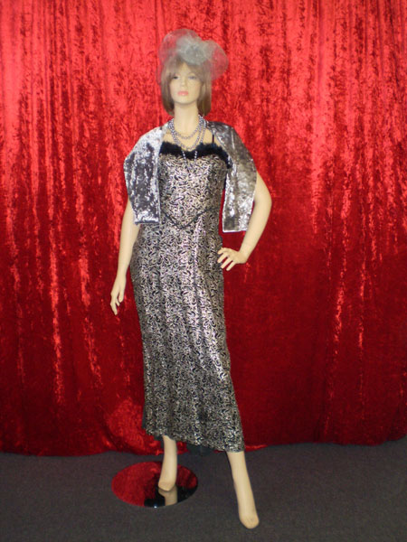 1940's costume brocade dress and cocktail hat