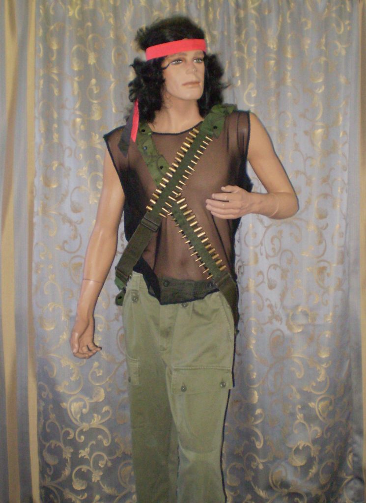 Rambo movie costume including army pants, mesh top, bullet belts, wig and headband