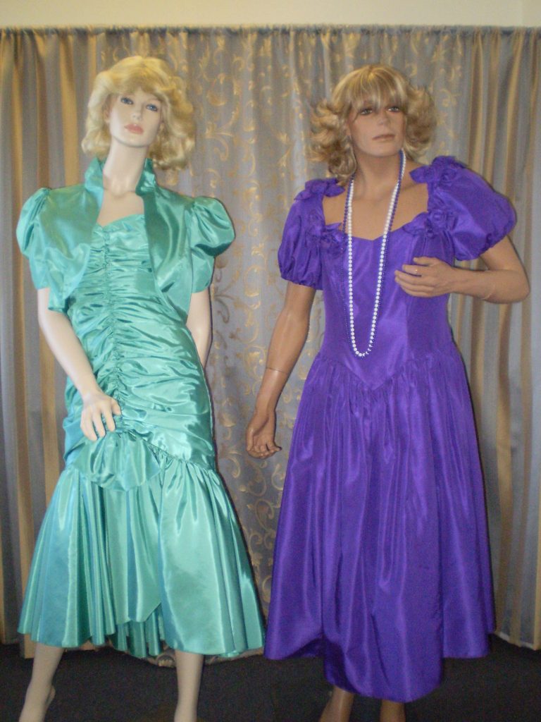 Teal and purple 80's bridesmaid style or prom dresses