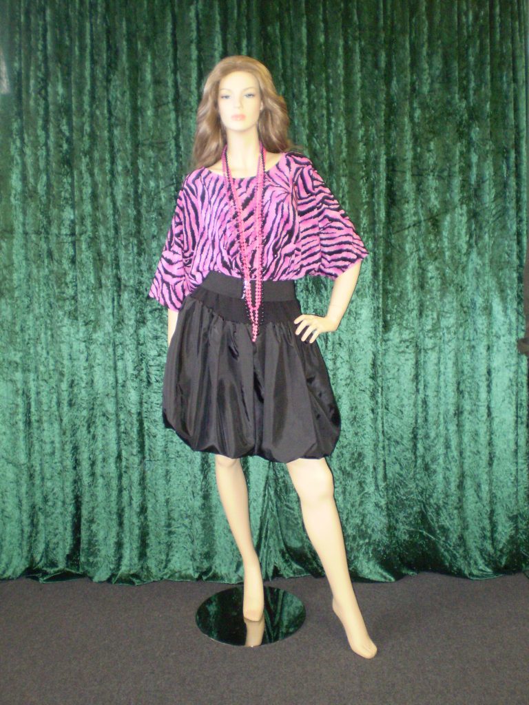 Purple and black animal print top and black bubble skirt, womens 80's costume