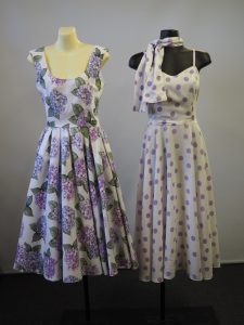1950s fashion dresses in lavender and white