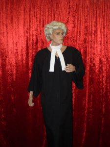 Barrister costume with gown wig and collar.