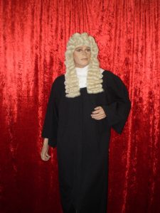 Judge costume including black judge robe, judge wig & white lace collar