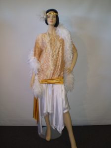Plus size white and gold 1920's/30's dress with white feather boa, headband and beads