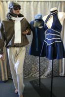 Two Air hostess costumes and old fashioned pilot or aviator costume