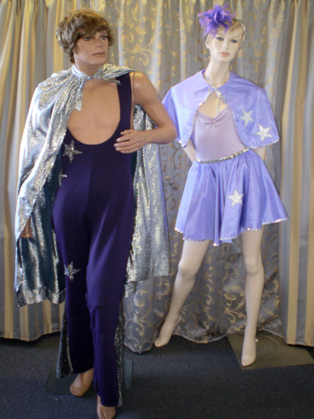 Vintage circus Male and Female Acrobat costumes in purple.