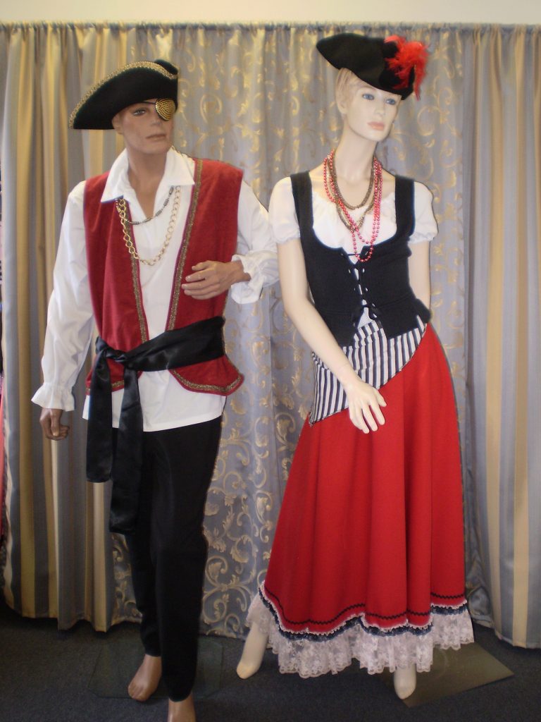 Pirate costumes, male and female in red, black and white