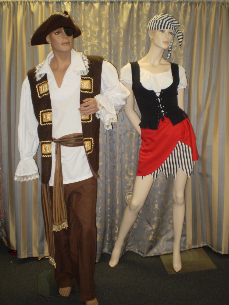 Men' pirate costume with pirate hat, women's short pirate costume