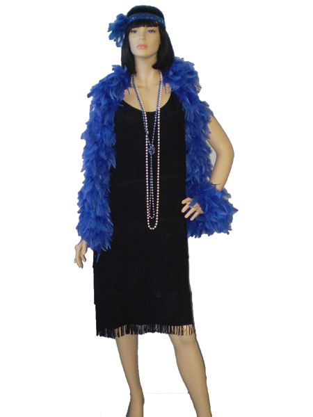 Black 1920's costume, fringe dress with electric blue feather boa