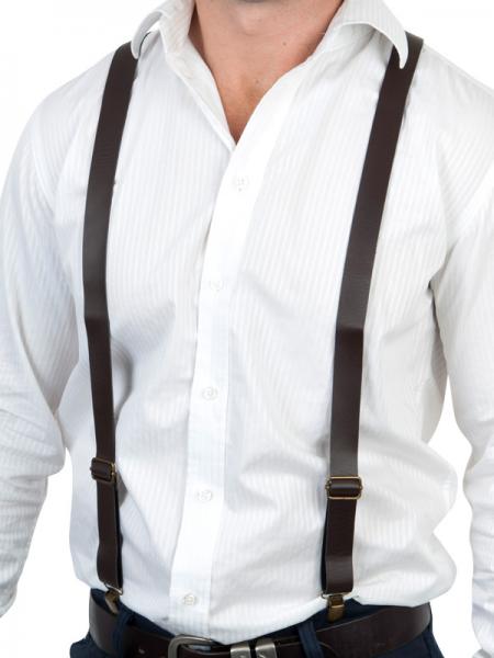 Brown leather look suspenders available to buy.