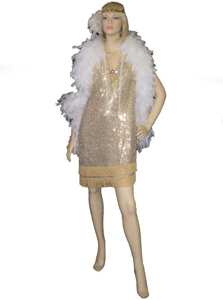Gold 1920's dress with white boa
