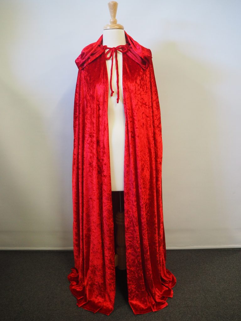 Red crushed velvet hooded cape. 145cm long. Great for Red Riding Hood costume.