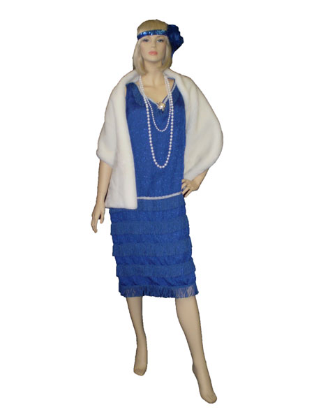 Blue 1920s dress and fur stole. Size 16
