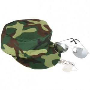 Military accessory set including camouflage cap, aviator glasses and dog tags