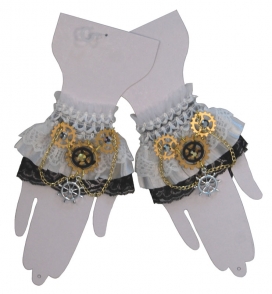 White wristlets with lace and steampunk style trim