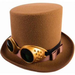 brown top hat with steampunk style goggles