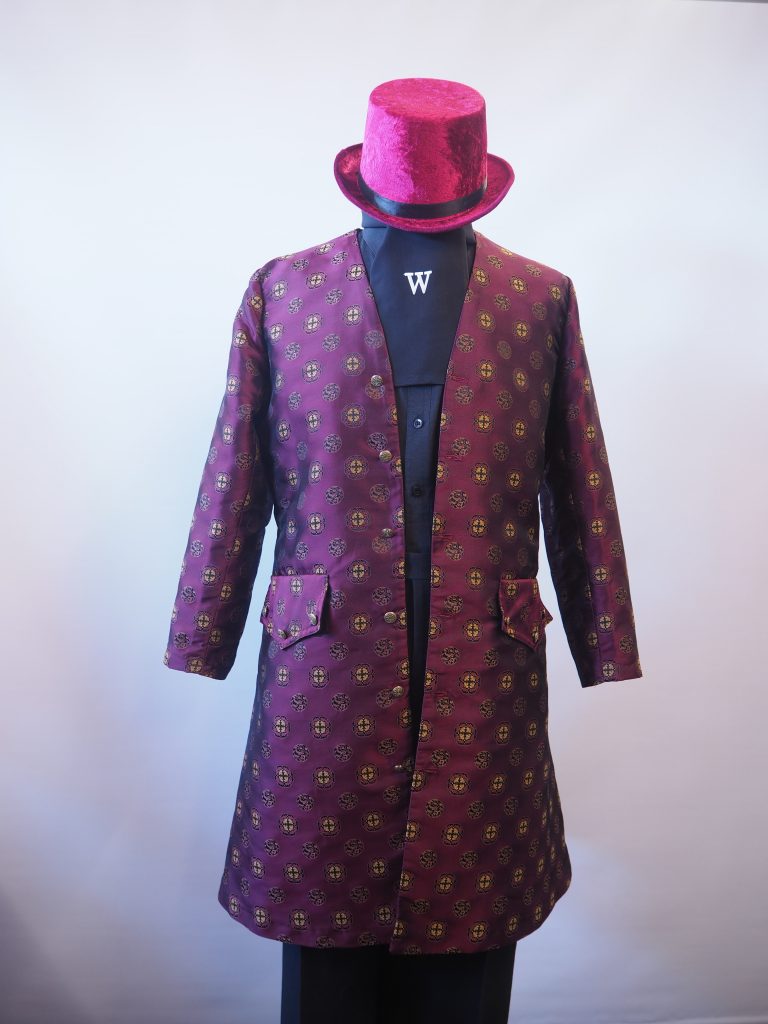 Burgundy brocade frock coat and velvet top hat