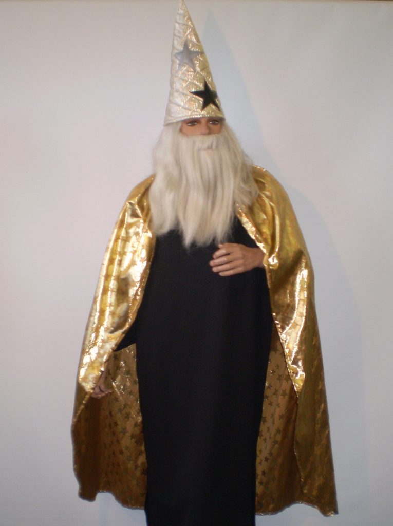 Gold wizard cape and hat with black wizard robe