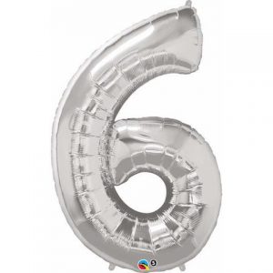 Silver number six balloon for 6th or 60th birthday party. Helium filled