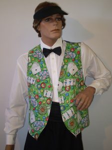 Vegas croupier costume, card printed vest and gambling visor. Vegas costumes for men or women