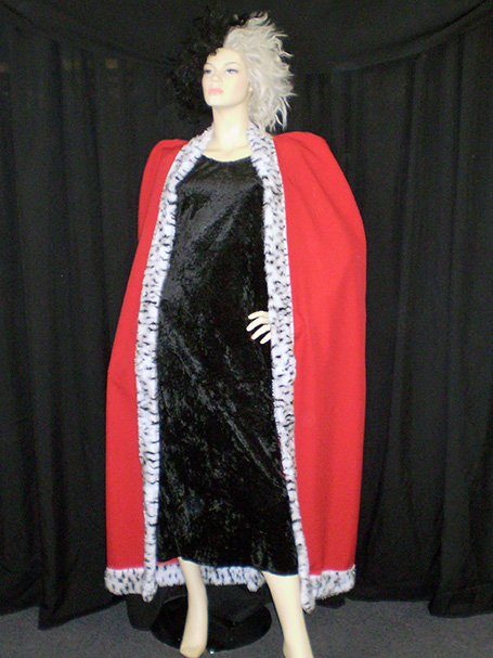 Cruella costume with long dress, cape and wig