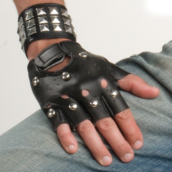 Studded gloves and studded wristbands.