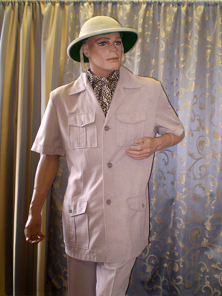 beige safari suit and pith helmet