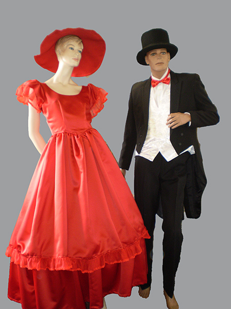 1800's men's tailed suit and woman's red hooped crinoline dress