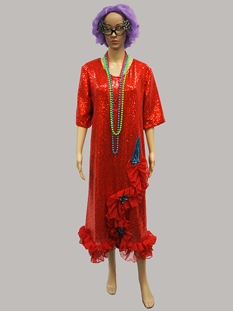 Dame Edna red sequin dress, glasses & wig