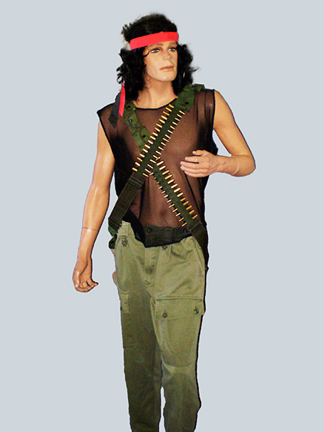 Rambo movie costume including army pants, mesh top, bullet belts, wig and headband