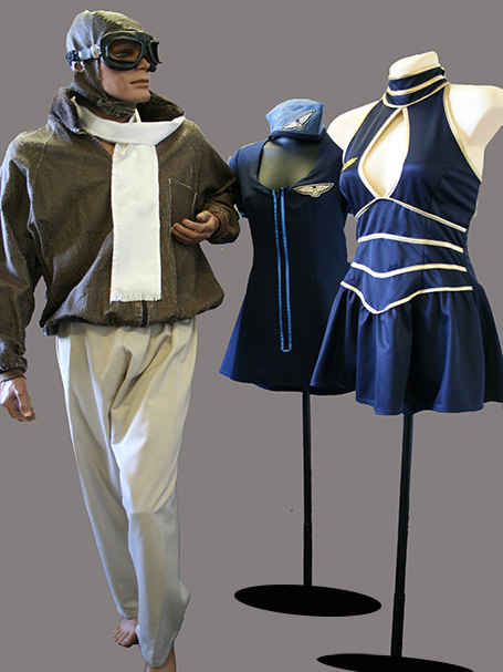 Two Air hostess costumes and old fashioned pilot or aviator costume