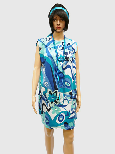 Mannequin wearing a blue vintage sixties pattern dress and a black beehive wig.