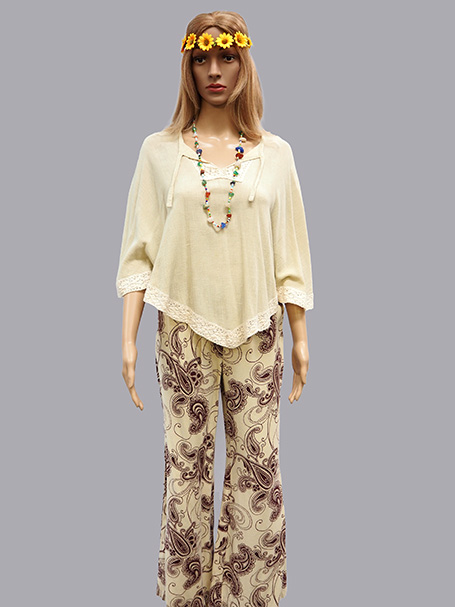 Costume including brown pattern paisley flares and cheesecloth hippie top. Hire costume from Acting the Part in Carlingford, Sydney.