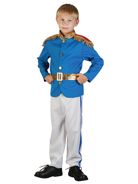 young boy dressed as a prince in a blue jacket & white pants