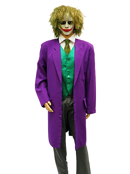 Mannequin dress in a purple jacket, green waistcoat and Joker style facepaint