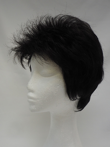 Foam mannequin head wearing a Liza Minelli style black short wig.