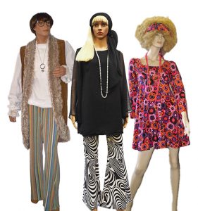 Image is of 3 mannequins dressed in 1970's style outfits from a costume shop located in Carlingford, Sydney.
