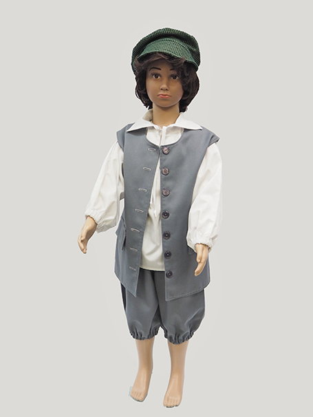 Image shows a child size mannequin wearing a old fashioned child's outfit.