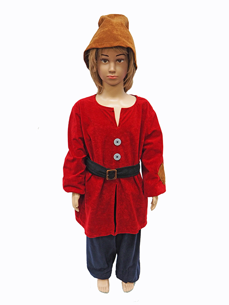 Child size mannequin wearing a Garden gnome style costume