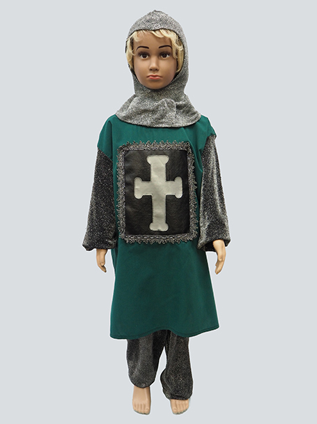 Image shows a mannequin dressed in a green and grey child's knight costume.