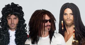 Image shows 3 people wearing wigs, a Pirate Captain, Dreadlocks and a Jack Sparrow type pirate wig.