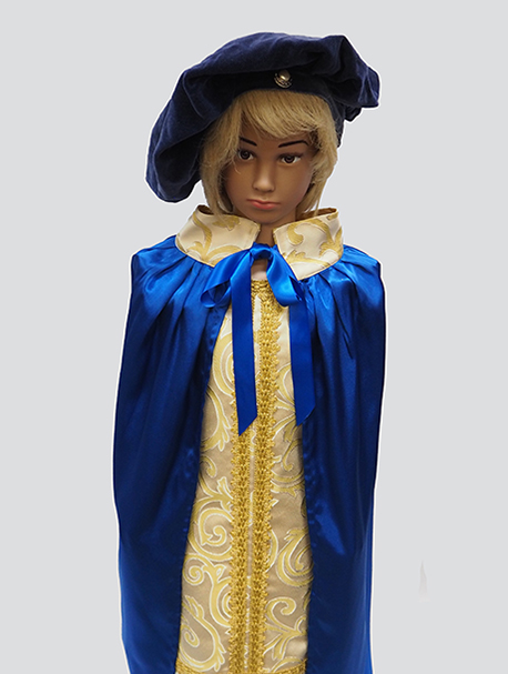 Child size mannequin wearing a blue and gold Baroque or Shakespearean outfit.