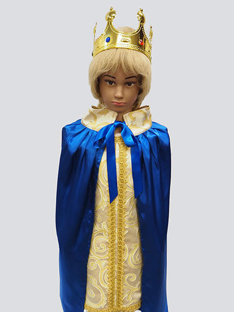 Image is of a child's mannequin wearing a blue cape, crown and gold prince style tunic.