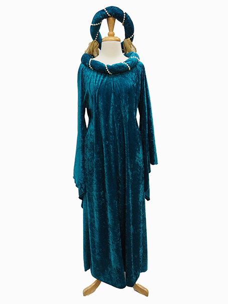 Image shows a dress form wearing a teal velvet Medieval dress with pearl trim
