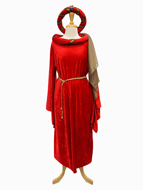 Image shows a dress form wearing a red velvet Medieval dress with gold cord trim