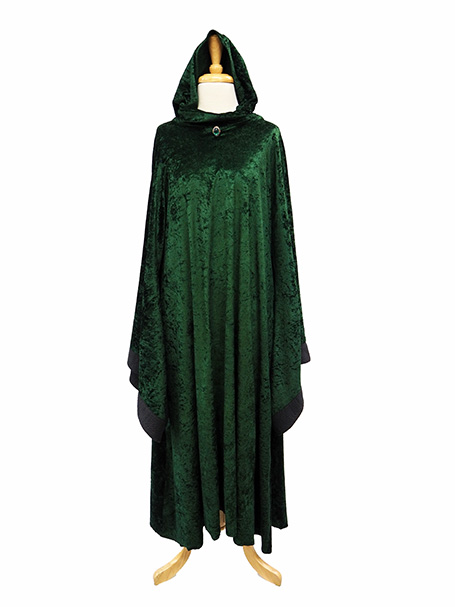 Image shows a dress form wearing a green velvet medieval dress