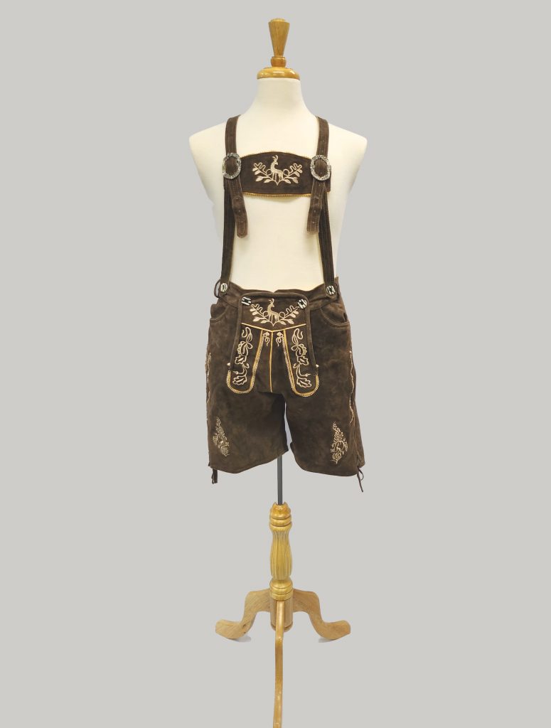 Image shows a dress form wearing traditional German or Bavarian Oktoberfest Lederhosen