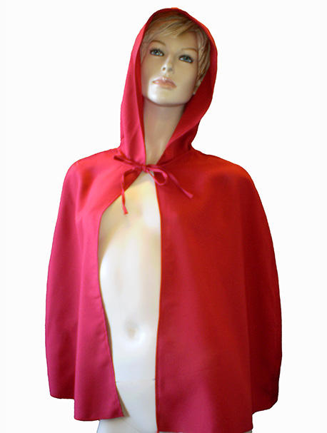 Image shows a mannequin wearing a red hooded cape