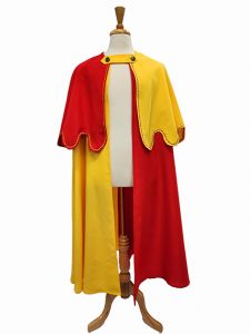 Image shows a mannequin wearing a red and yellow cape/cloak. Suitable for use as Pied Piper cape or part of a medieval costume.
