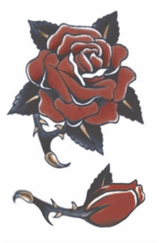 Image shows an imitation tattoo with one open red rose and one red rose bud